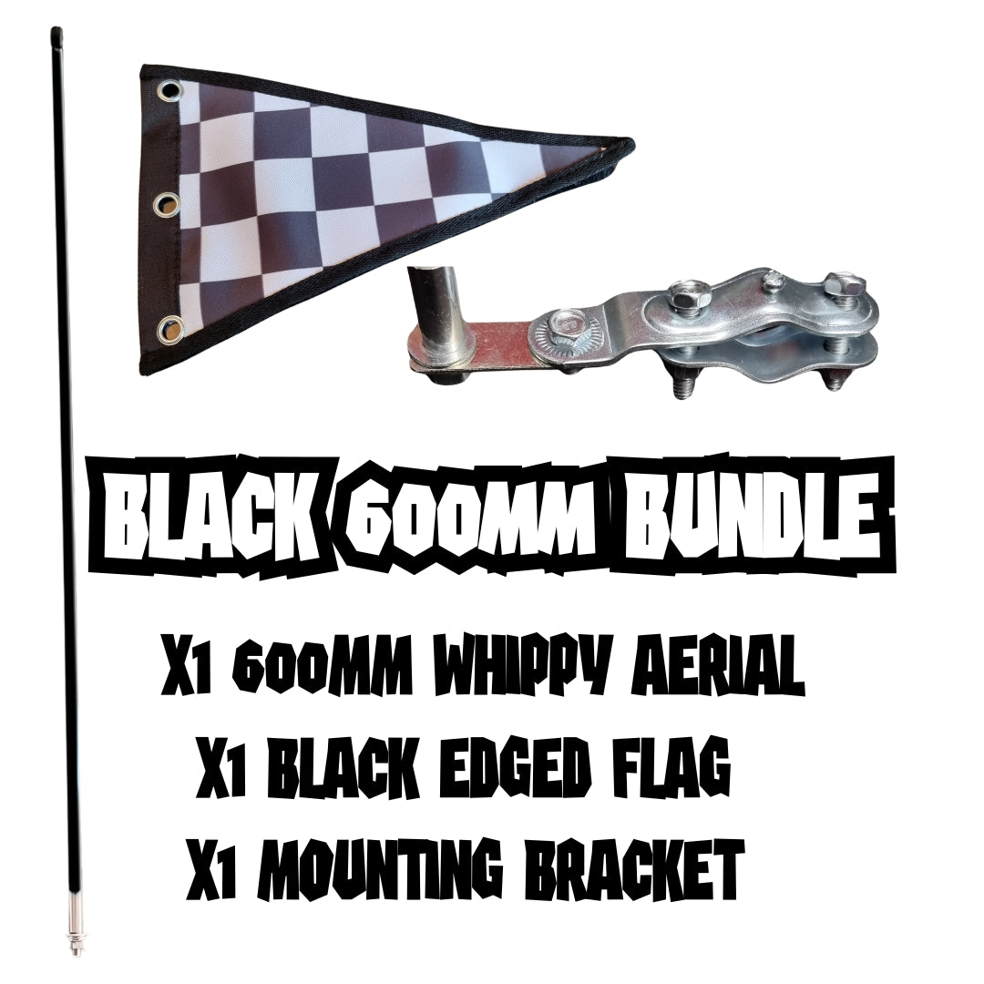 600mm MOD Scooter Whippy Aerial, Bracket & Flag Bundle - BLACK